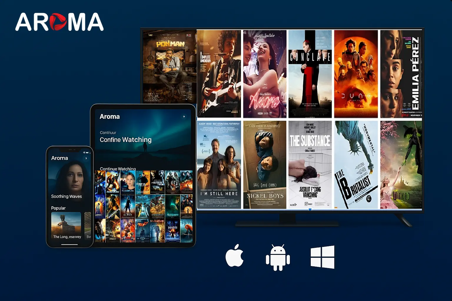 Aroma TV on phone, tablet, and TV in 4K with OS logos
